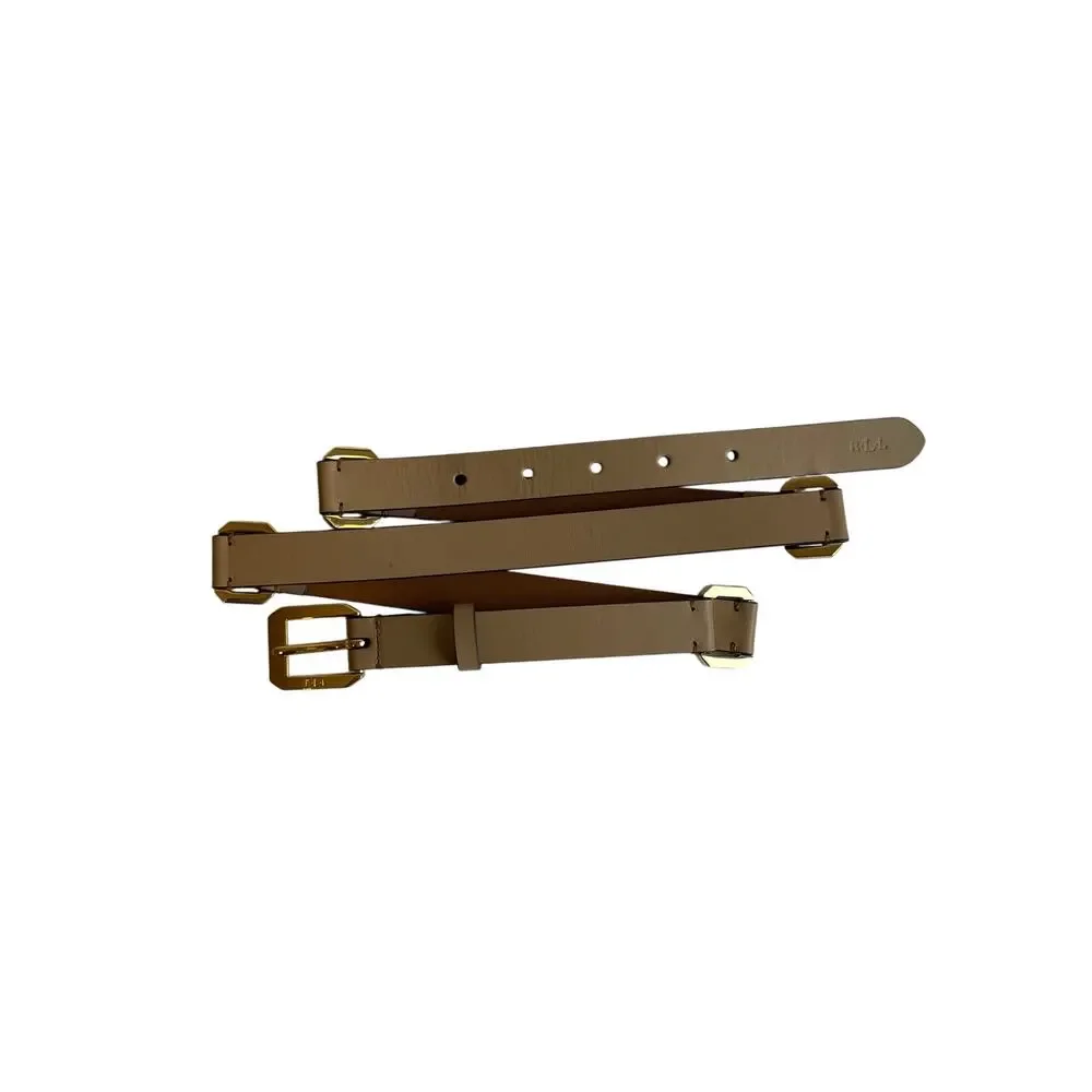 Lauren Ralph Lauren Women’s Tan Leather Belt Gold Square Link Connector M L